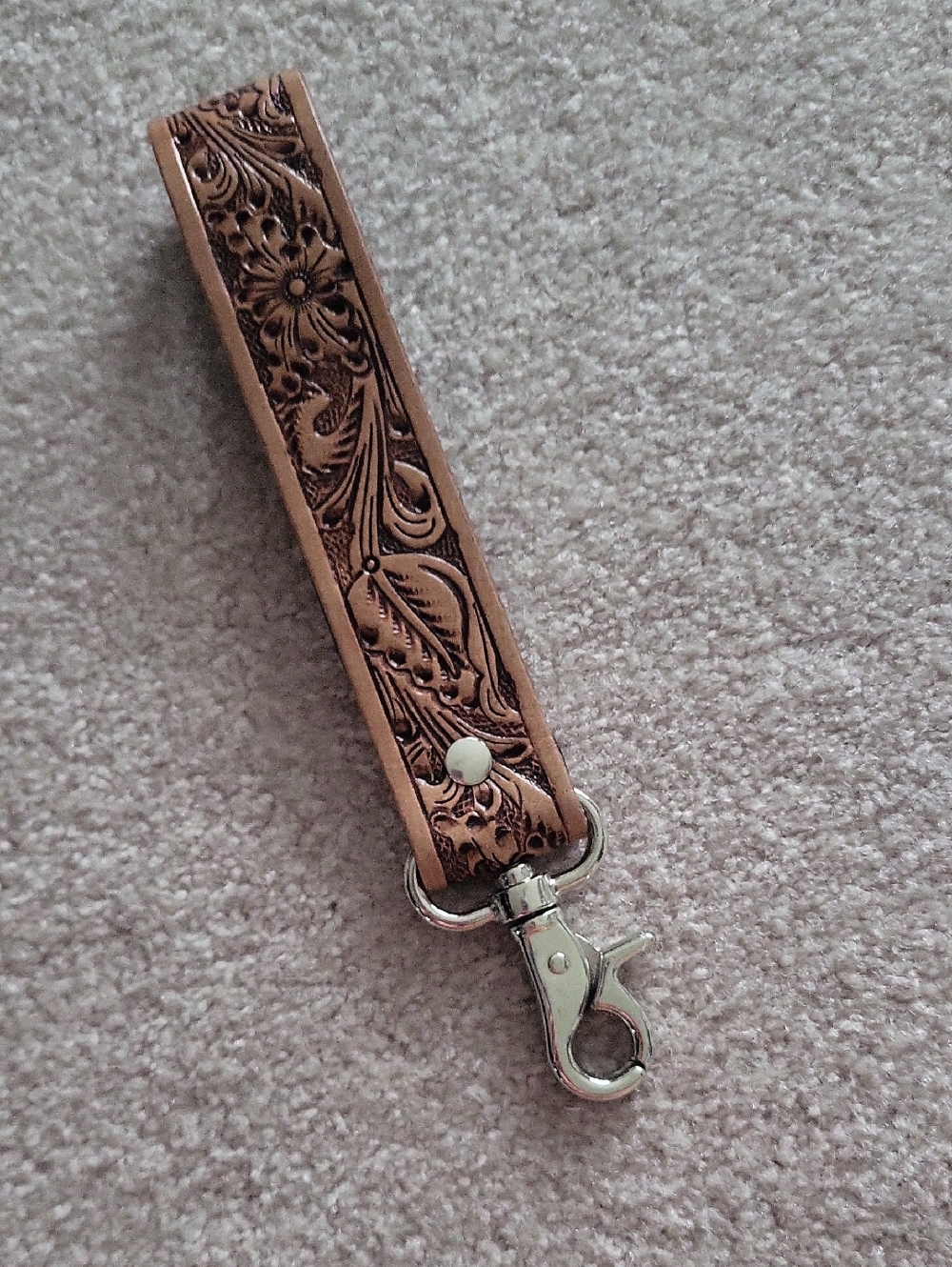 Myra Brown Tooled Leather Key Wristlet with Silver Clip